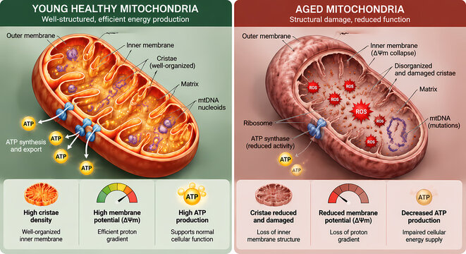 Comparison Infographic Showing Young Healthy Mitochondria Versus Aged Damaged Mitochondria