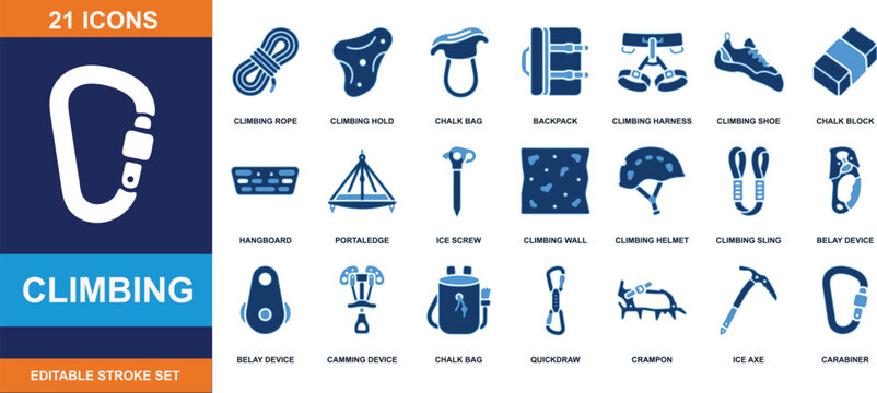 Climbing icon set vector art with carabiner and mountaineering gear in blue color