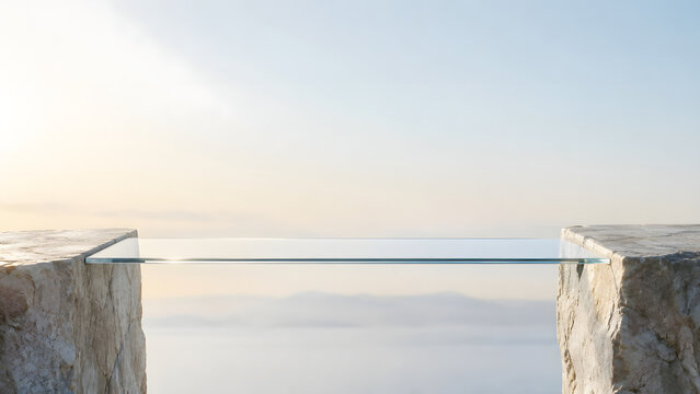 Stunning glass table suspended between two stone pillars, overlooking serene landscape with soft sky and distant mountains, evokes tranquility