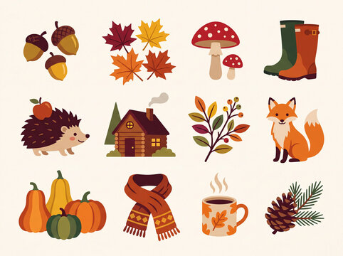 Autumn-themed cozy fall illustration set featuring animals, nature elements, seasonal clothes, and harvest vegetables for graphic design