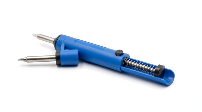 Blue soldering sucker or desoldering pump with spare tip isolated on a white background, used in electronics repair and circuit board maintenance