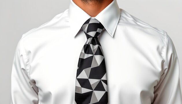 A man in a white shirt and a patterned tie standing against a light background. He has short hair and is looking straight ahead