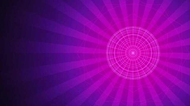 Wireframe globe rotating neon sunburst seamless loop motion background