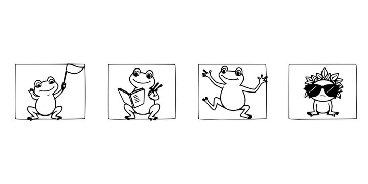 Four frogs set with black and white vector illustrations in square frames featuring playful poses, cheerfulness, whimsy with minimalism and line art