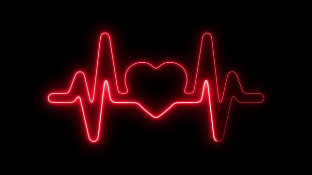 Neon red heartbeat ekg pulse line animation on black background, for medical and, romantic concepts, heart rate