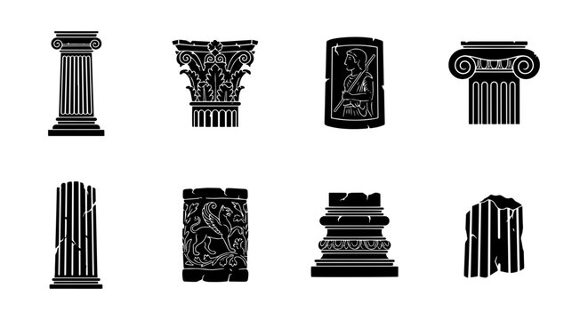 Ancient Greek Roman Columns, Architectural Elements, Decorative Capitals, Stone Pillars, Classical Building Parts