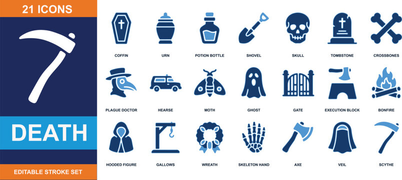 Death and funeral icon set vector illustration with dark mythology and cemetery symbols