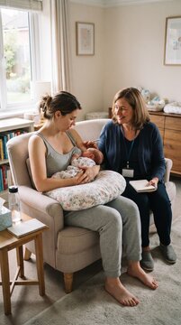 Mother breastfeeding baby with help from a lactation consultant