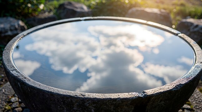 White fluffy clouds and blue sky reflect clearly on the still water surface of a round stone basin located in an outdoor garden with warm sunlight.