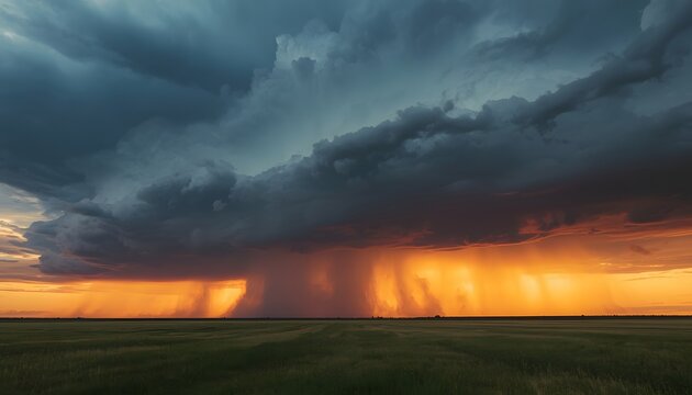 Dramatic Thunderstorm and Heavy Rain Clouds Over Open Field at Sunset
