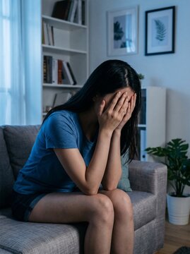 Young woman sitting on sofa covering her face and crying