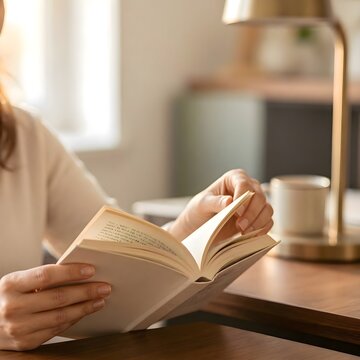 Close-Up of Woman Hands Turning Page of Book while Reading under Warm Desk Lamp Light