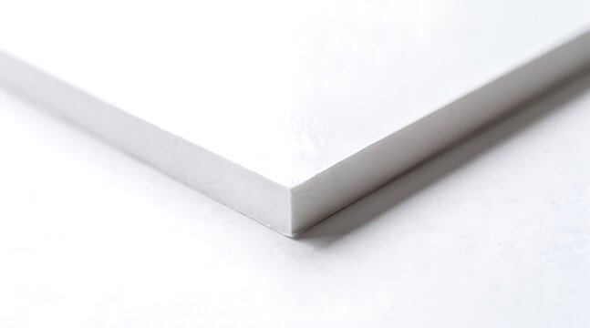 White PVC foam board corner displays a clean right angle edge against a minimal bright background, captured in a detailed macro photography close-up view.