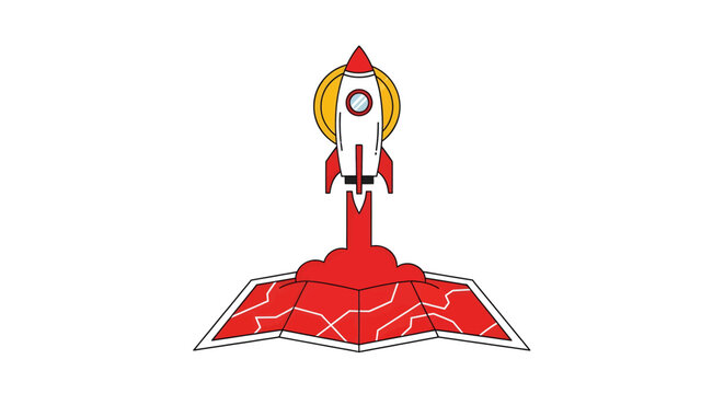 A cartoon illustration of a red and white rocket launching into the sky with a yellow circle behind it, symbolizing progress and ambition.