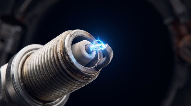 Macro shot of a car spark plug igniting with blue electrical sparks
