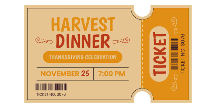 Retro Harvest dinner ticket template with date, time and ornament. Vintage Thanksgiving celebration design. Vector illustration