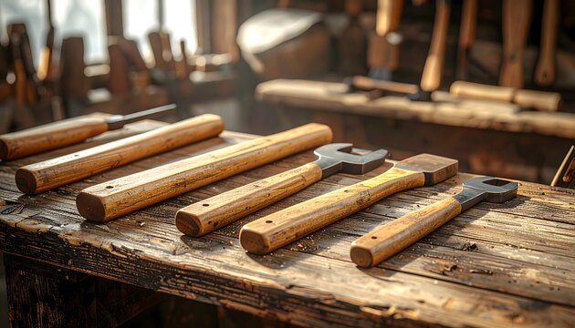 Traditional wooden hand tools including chisels and mallets arranged on a rustic workbench in a workshop setting