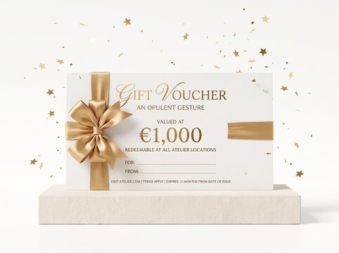 Elegant gift voucher valued at 1,000 Euro with gold ribbon, luxury gift certificate on podium, premium reward card with gold confetti.