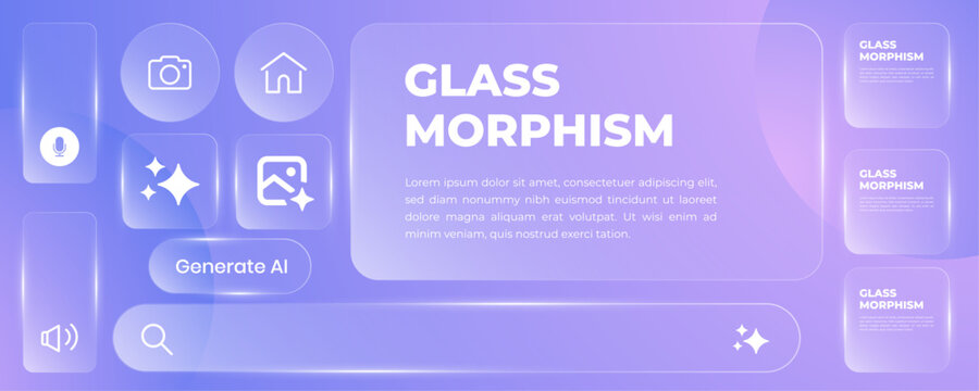 Trend liquid glass frames and buttons set transparent background. Vector EPS10 realistic illustration of glass morphism text boxes, menu windows, search bars, website, mobile app ui ux design elements