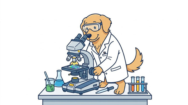 Cartoon dog scientist wearing lab coat using microscope in laboratory
