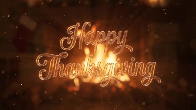 Happy Thanksgiving Glowing Script 3D Text in Front of Cozy Fireplace Flames and Embers Festive Background