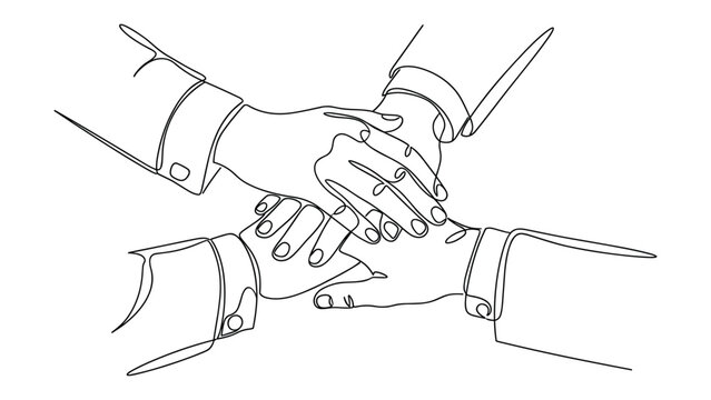 Line art illustration of four hands stacked together symbolizing teamwork unity and collaboration.
