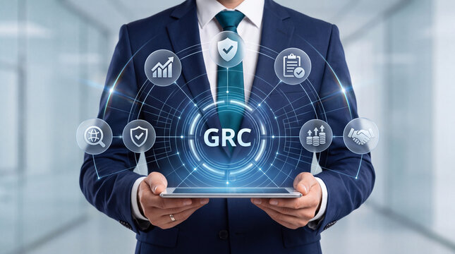 Businessman Holding Digital Tablet with GRC Governance Risk and Compliance Concept Icons, Futuristic HUD Interface for Corporate Management, Audit, and Regulatory Security Technology