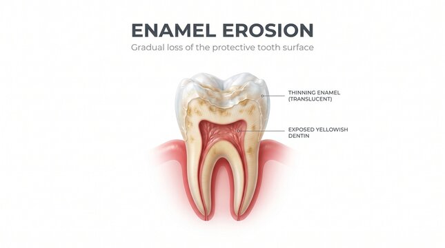 Medical Illustration of Human Tooth Enamel Erosion with Anatomy Labels on White Background