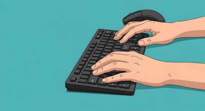 Hands typing on keyboard using mouse illustration on teal background