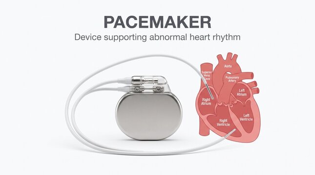 Medical Pacemaker Device Diagram with Human Heart Illustration on Clean White Background