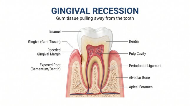Medical Infographic Diagram Illustrating Gingival Recession and Tooth Anatomy Structure