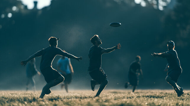 Group Of Friends Playing A Pickup Game Of Ultimate Frisbee, Moody Cinematic Low-Key Lighting, Telephoto Compression, Tight Framing, Cool Muted Blue-Gray Palette, Photorealistic, Ultra-Detailed
