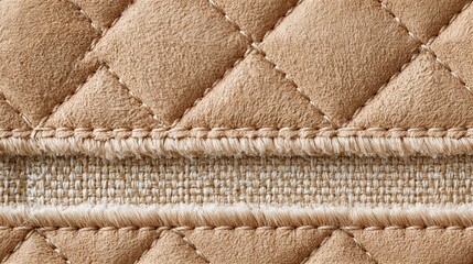 Obraz premium Close up of tan quilted leather texture with diamond pattern stitching and seam detail