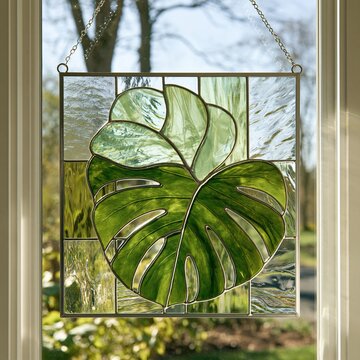 Monstera leaf stained glass suncatcher hanging in a window with natural light