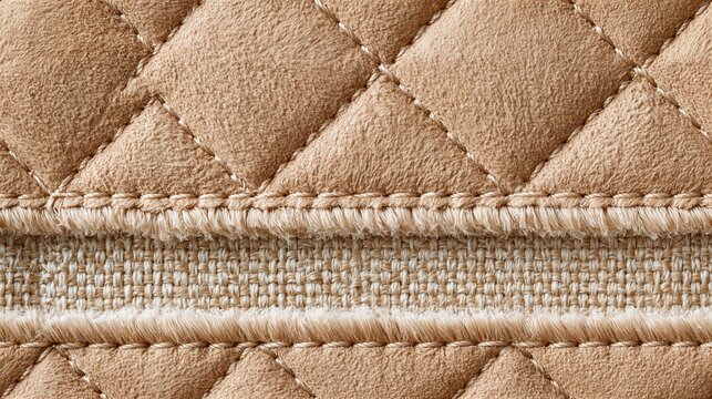 Close up of tan quilted leather texture with diamond pattern stitching and seam detail