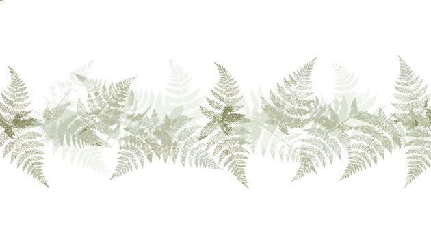 Dynamic seamless green fern leaf border illustration, featuring layered and overlapping foliage, creating an immersive and natural repeating pattern.