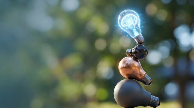 Conceptual stack of light bulbs representing growth and innovation with a glowing blue brain inside the top bulb symbolizing human intelligence, creative inspiration, and mental power outdoors.