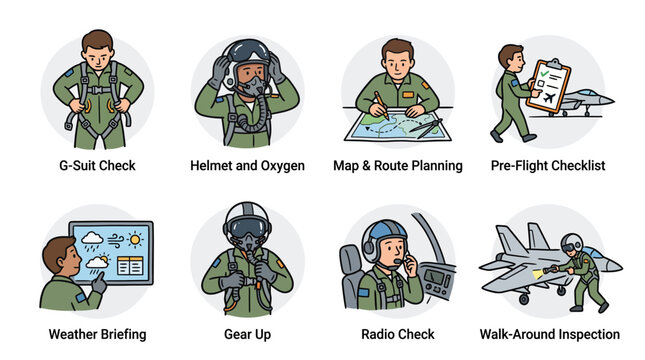 Set of vector icons illustrating various steps in a military fighter pilot pre-flight routine.