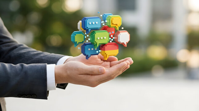 Conceptual Image of a Businessman Holding a Cluster of Colorful 3D Pixelated Speech Bubbles Representing Digital Communication, Social Media Interaction, Online Messaging, and Community Management