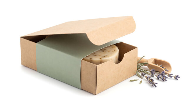 Handmade lavender soap bar in sustainable cardboard packaging with botanical accents for skincare branding, e-commerce product listings, and lifestyle advertising.