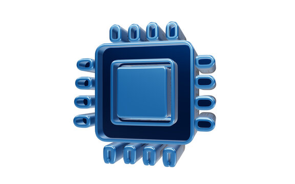Glossy blue 3D computer microchip processor icon representing cpu hardware and microelectronics isolated on transparent background