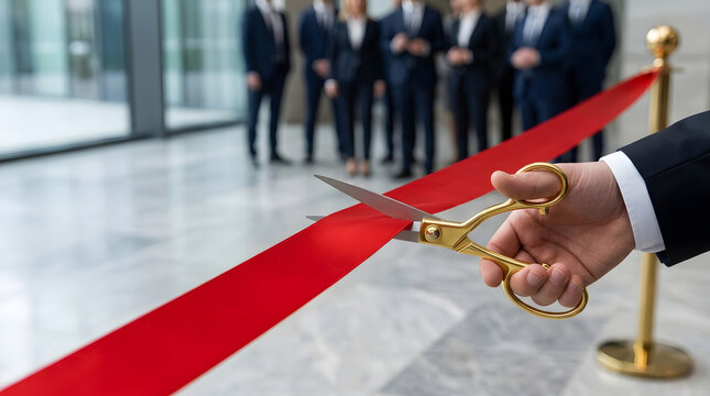 Close up of a hand using golden scissors to cut a red ribbon during a grand opening ceremony or inauguration event with business people standing in a blurred modern office background