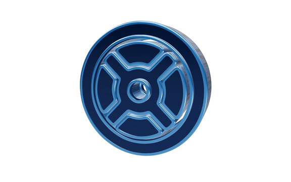 Glossy blue 3D icon featuring a mechanical gear or wheel with intersecting spokes isolated on transparent background for engineering