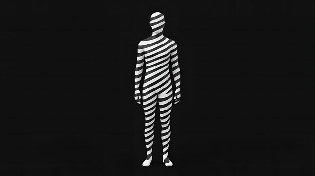 Prisoner in striped jail outfit standing