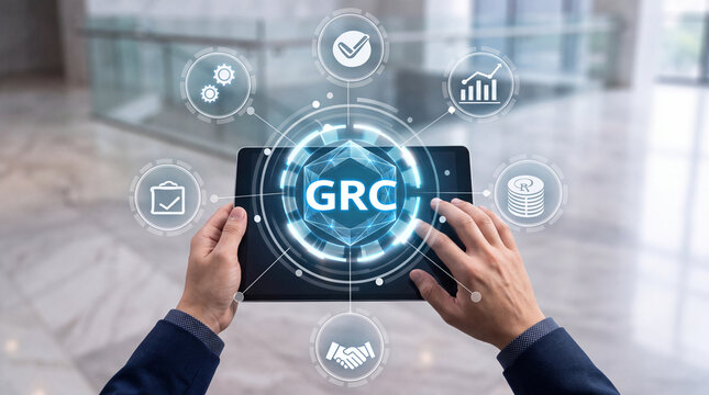 GRC Governance Risk and Compliance Management Concept on Tablet Screen with Digital Interface Icons, Businessman Using Technology for Corporate Strategy and Regulatory Standards in Modern Office