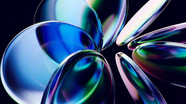 Abstract translucent glass ellipses floating against a dark background