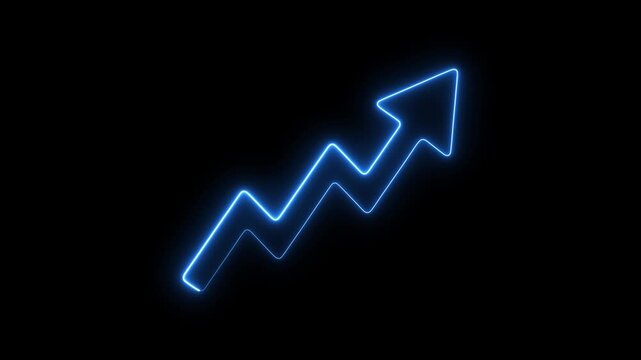 Neon blue zigzag arrow rising upward, financial growth and success concept, digital business progress glowing abstract indicator for marketing and data analysis