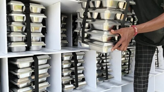 Worker arranging stacked stainless steel lunch boxes on delivery vehicle rack for free nutritious meal distribution program, catering logistics B-roll