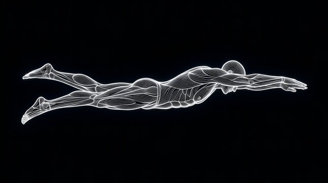 Wireframe human swimmer diving in water