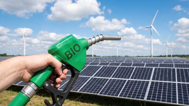 Hand holding a green biofuel pump nozzle in front of solar panels and wind turbines.